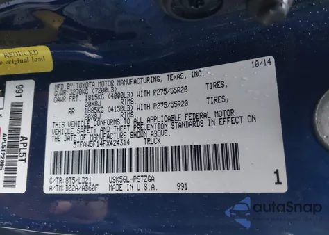 2015 Toyota Tundra 1794 5.7L V8 z USA, uszkodzony, nr VIN 5TFAW5F14FX424314